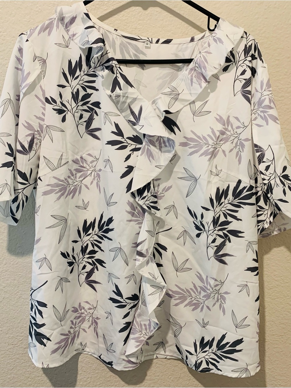 Source Unknown White Blouse with Gray Leaf Print